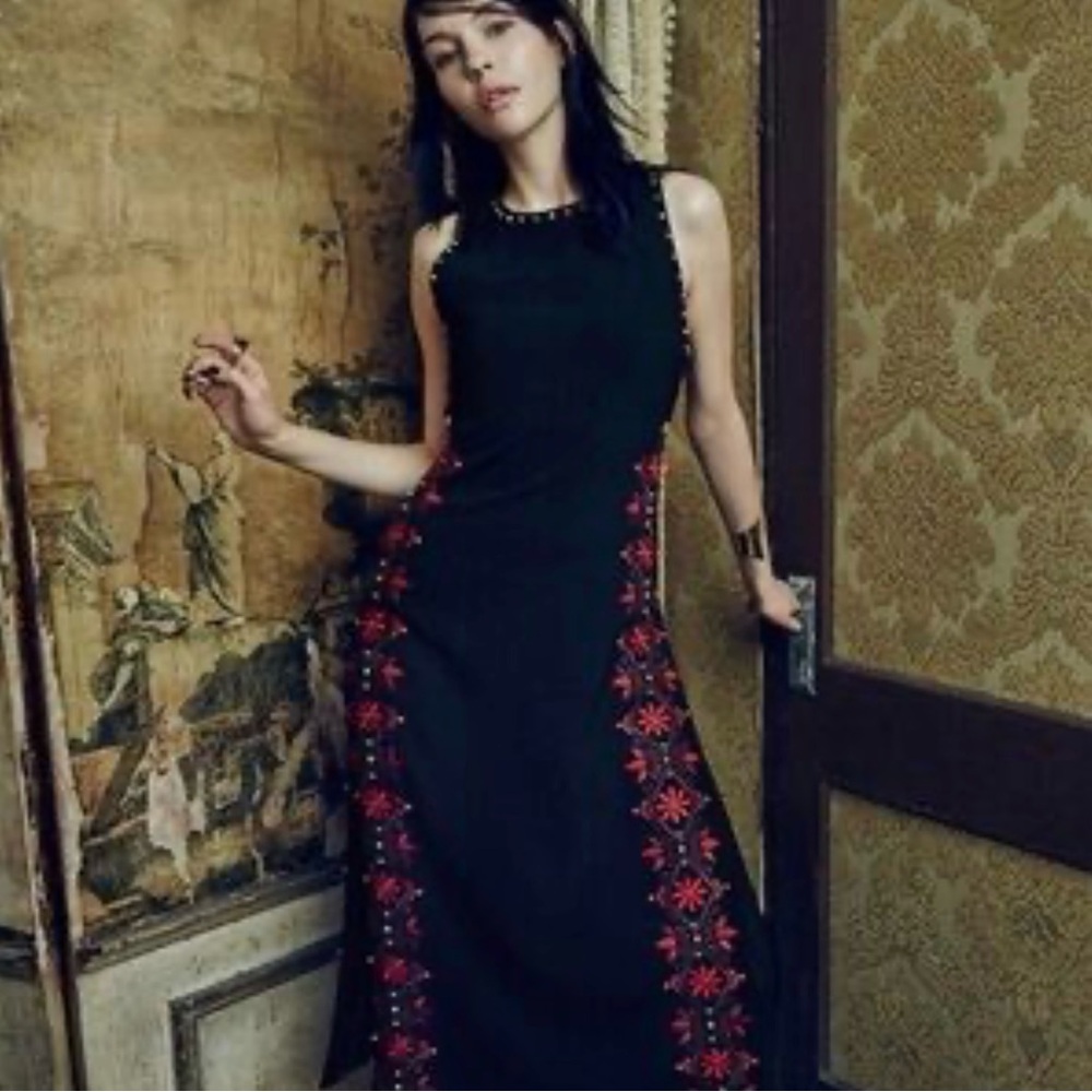 Cinq à Sept Black Dress with Red Embroidery